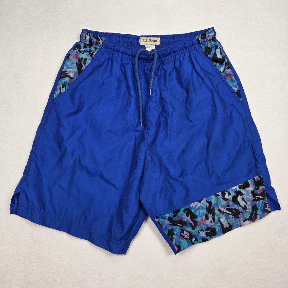 Vtg 90's LL Bean Nylon Baggy Shiny Shorts Men L Blue Abstract Trim Elastic Waist